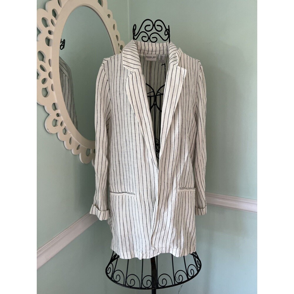 Rachel Zoe Linen Blend Yarn Dyed Striped Blazer Jacket Size M White Black